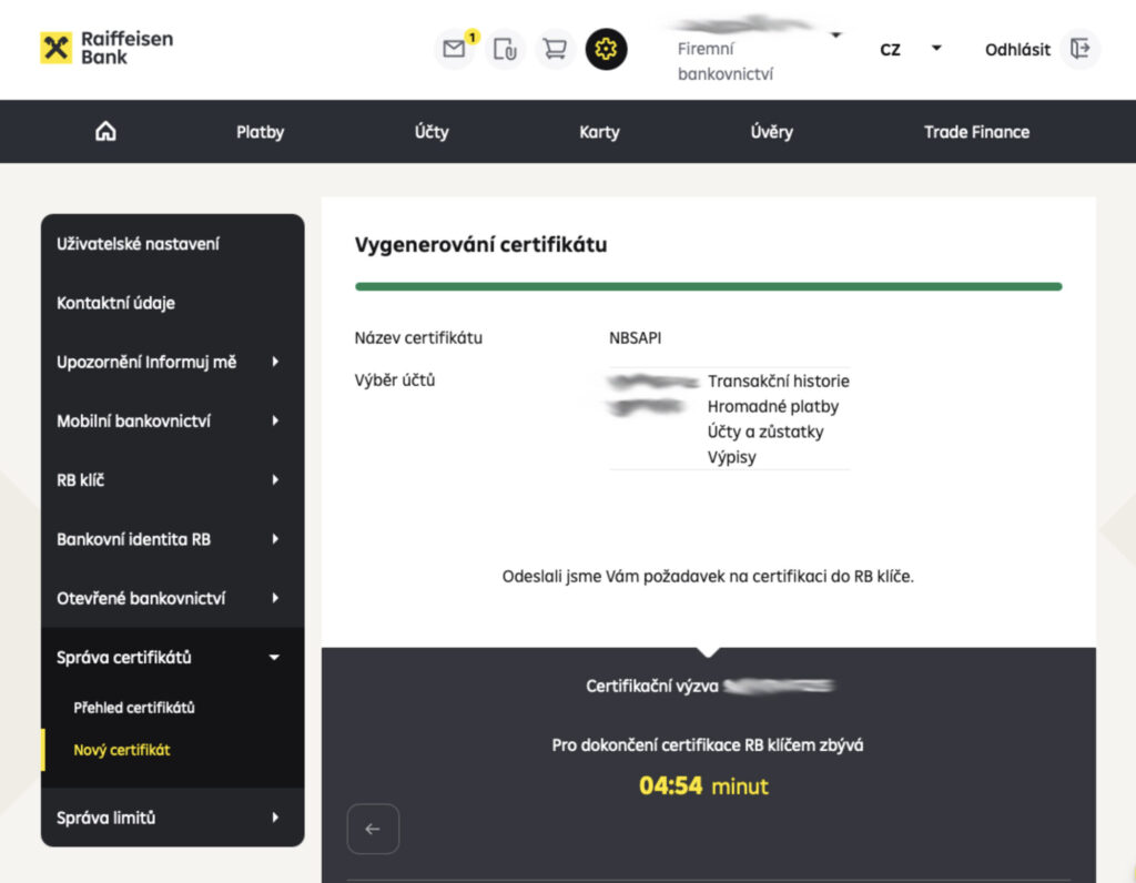 Generování certifikátu Raiffeisenbank 2. krok