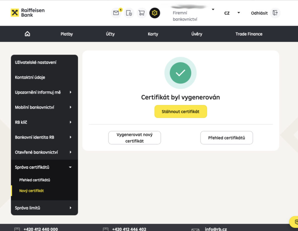 Generování certifikátu Raiffeisenbank 3. krok